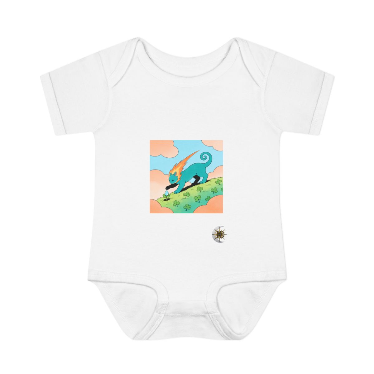 HD Comet creature with a curling tail gently rolling a dew drop uphill Infant Baby Rib Bodysuit