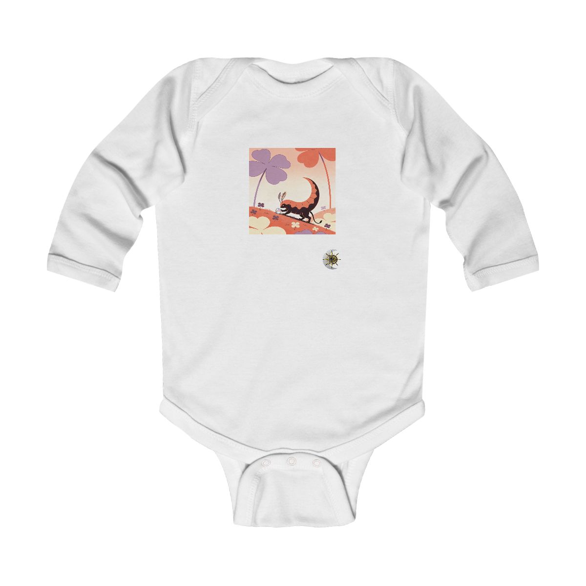 HD Crescent creature with feather antennae gently rolling a dew drop uphill Infant Long Sleeve Bodysuit