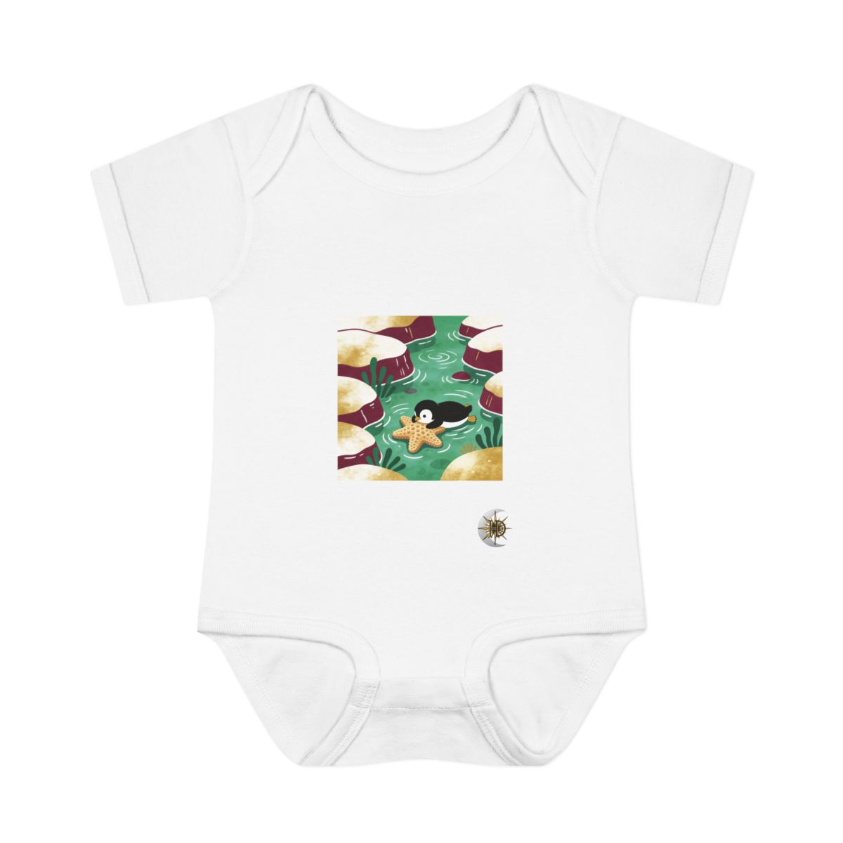HD Little penguin resting near a star-shaped sea sponge Infant Baby Rib Bodysuit
