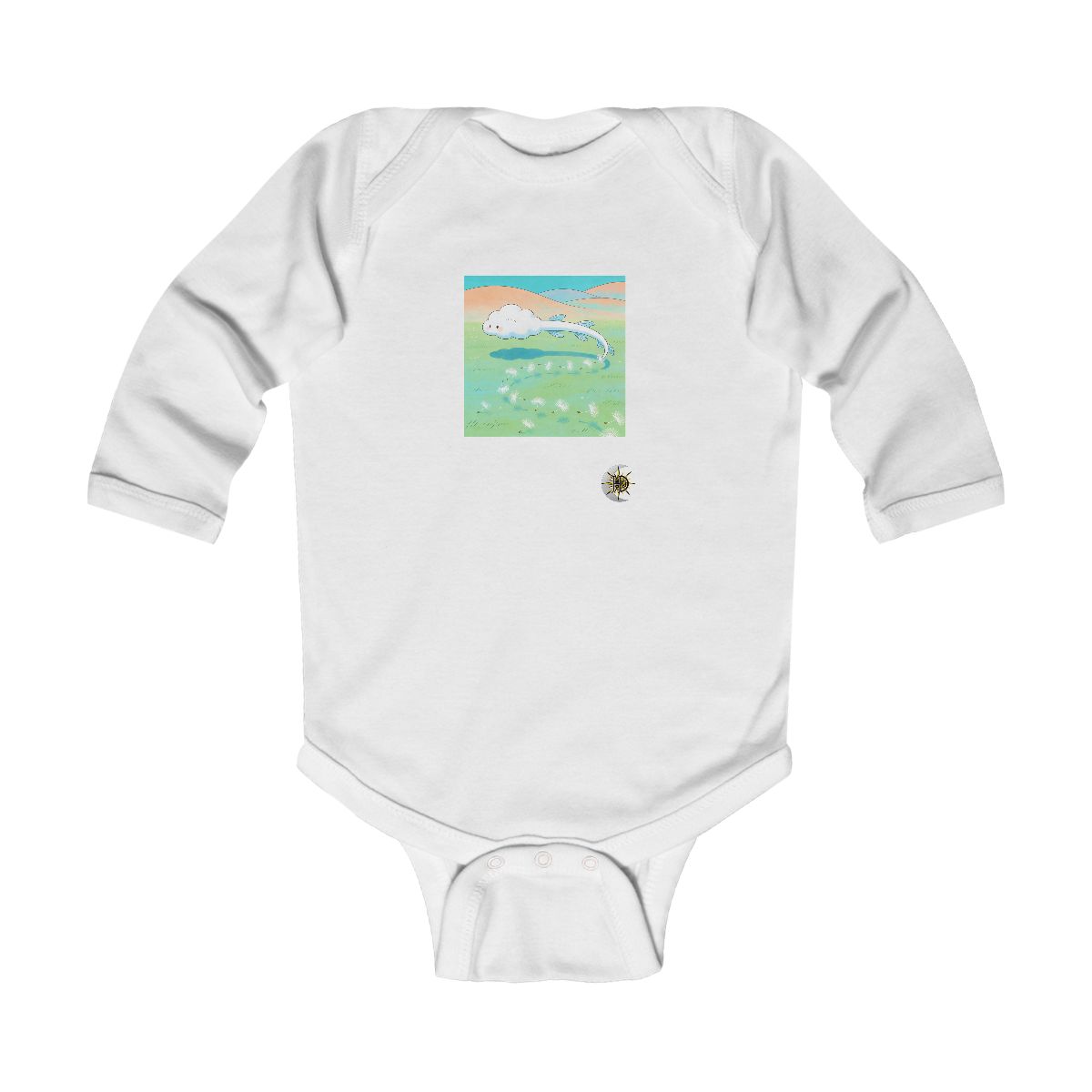 HD Cloud creature with floating fins following a looping trail of seed fluff Infant Long Sleeve Bodysuit