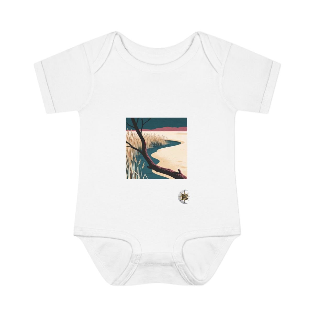HD Sandy reed inlet framed by one foreground branch Infant Baby Rib Bodysuit