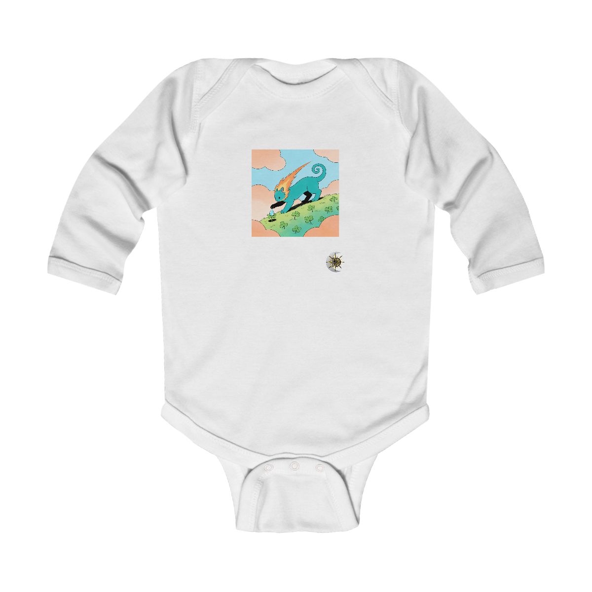 HD Comet creature with a curling tail gently rolling a dew drop uphill Infant Long Sleeve Bodysuit