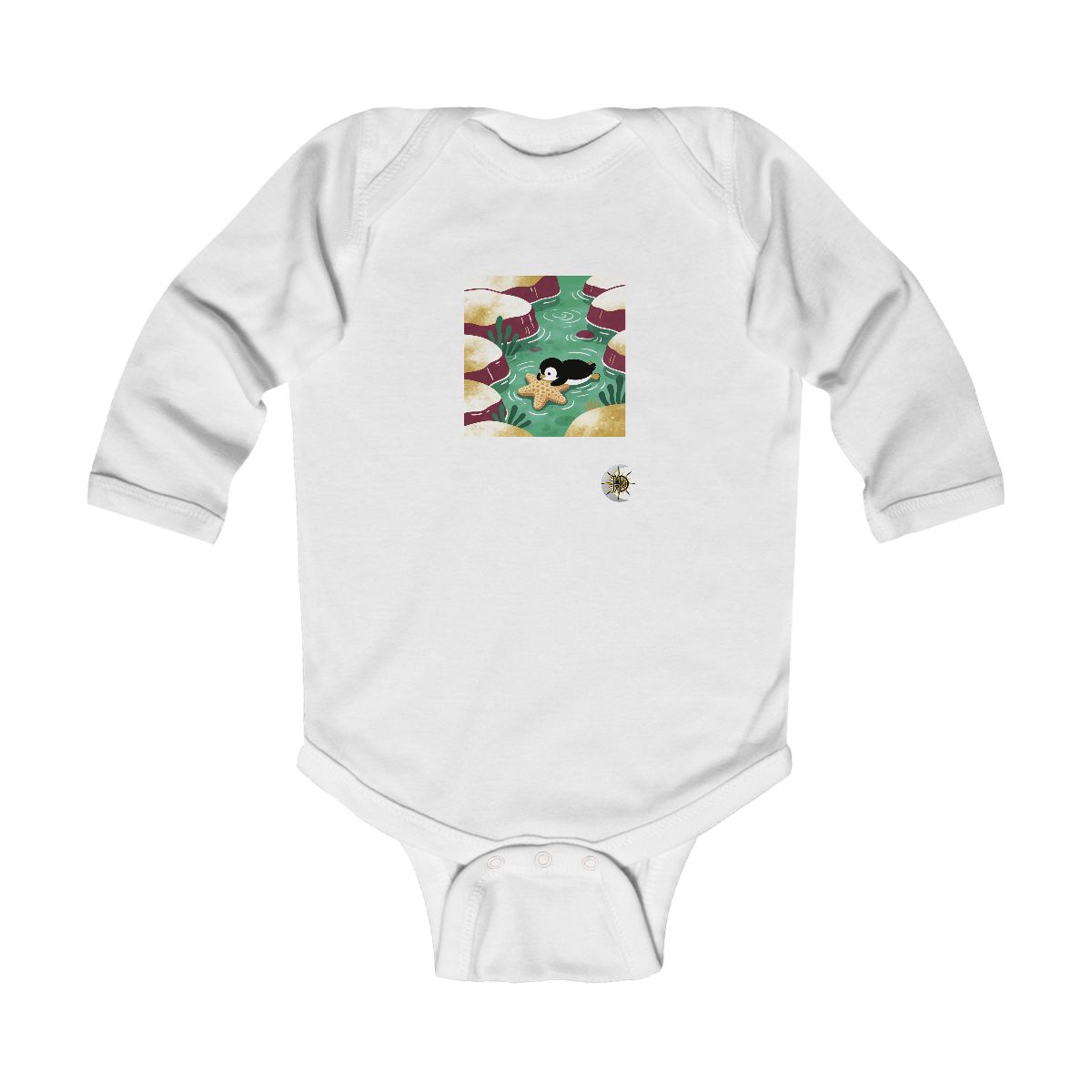 HD Little penguin resting near a star-shaped sea sponge Infant Long Sleeve Bodysuit