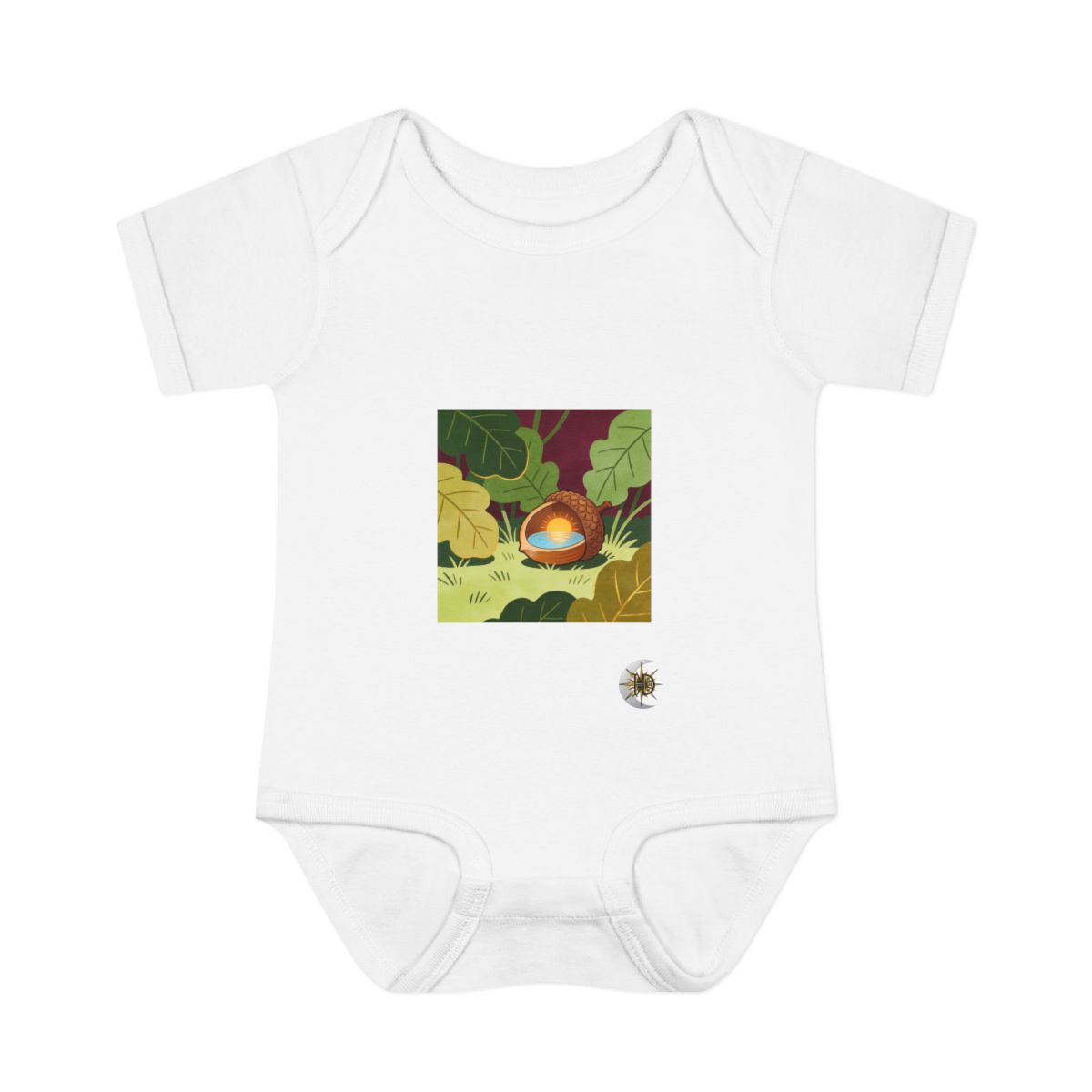 HD Acorn hideaway cradling a pool of reflected sunrise Infant Baby Rib Bodysuit