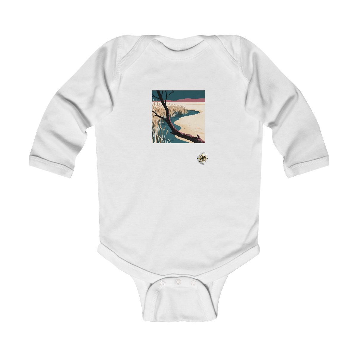 HD Sandy reed inlet framed by one foreground branch Infant Long Sleeve Bodysuit