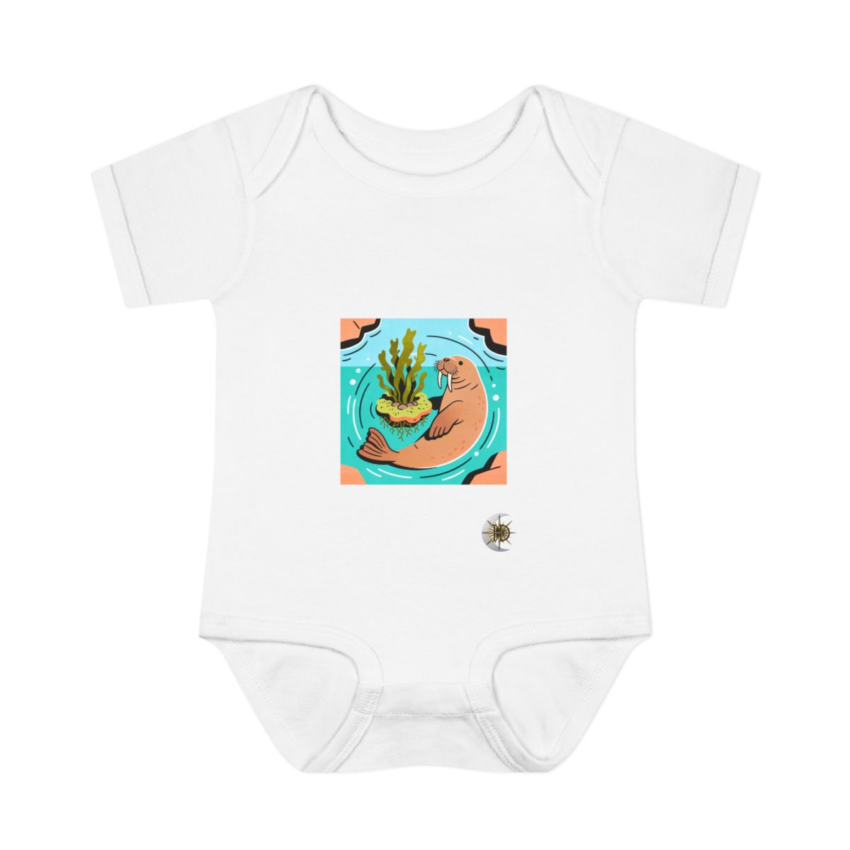 HD Walrus circling a floating kelp island Infant Baby Rib Bodysuit