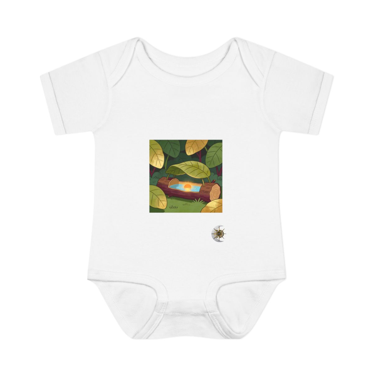 HD Log with a leaf roof cradling a pool of reflected sunrise Infant Baby Rib Bodysuit