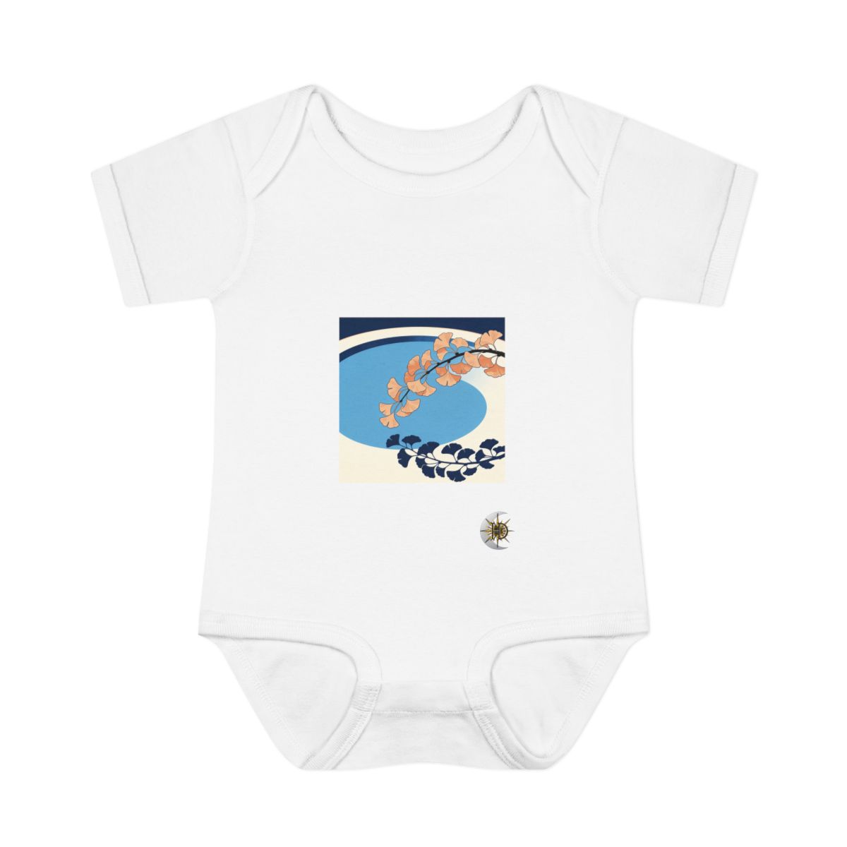 HD Ginkgo branch arching across a rounded pool of open space Infant Baby Rib Bodysuit