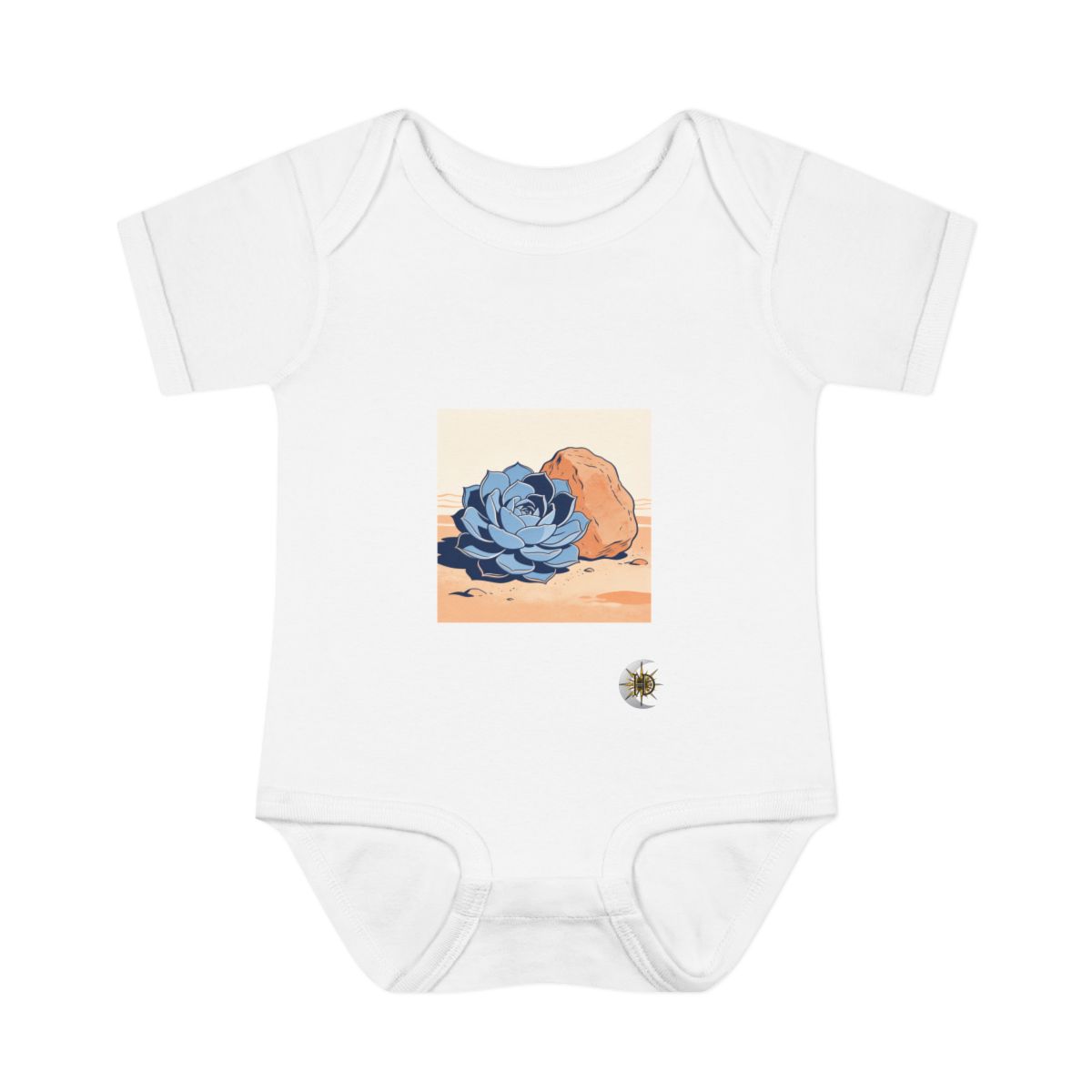 HD Succulent rosette balanced beside an irregular clay-colored rock Infant Baby Rib Bodysuit