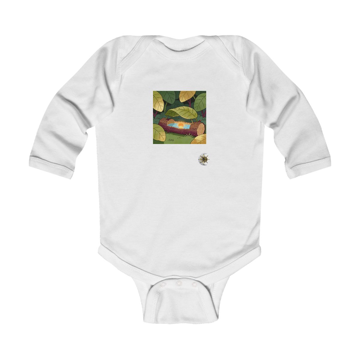HD Log with a leaf roof cradling a pool of reflected sunrise Infant Long Sleeve Bodysuit
