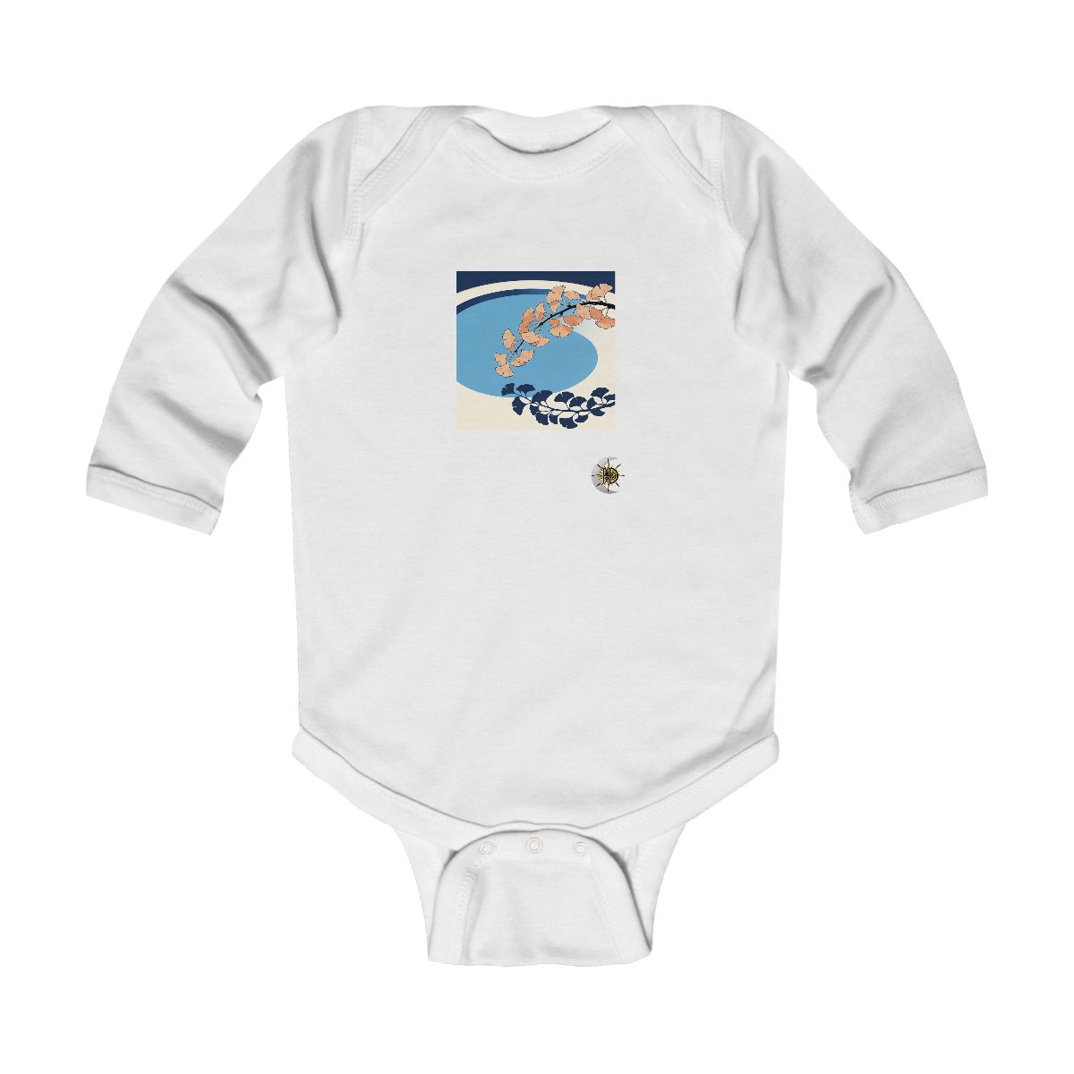 HD Ginkgo branch arching across a rounded pool of open space Infant Long Sleeve Bodysuit