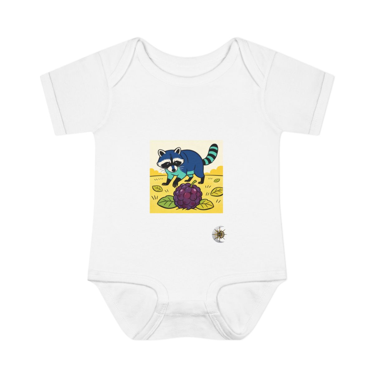 HD Raccoon investigating an oversized berry Infant Baby Rib Bodysuit