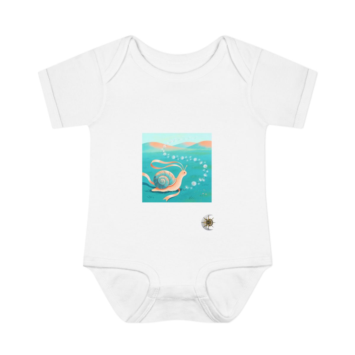 HD Shell creature with ribbon feelers following a looping trail of seed fluff Infant Baby Rib Bodysuit