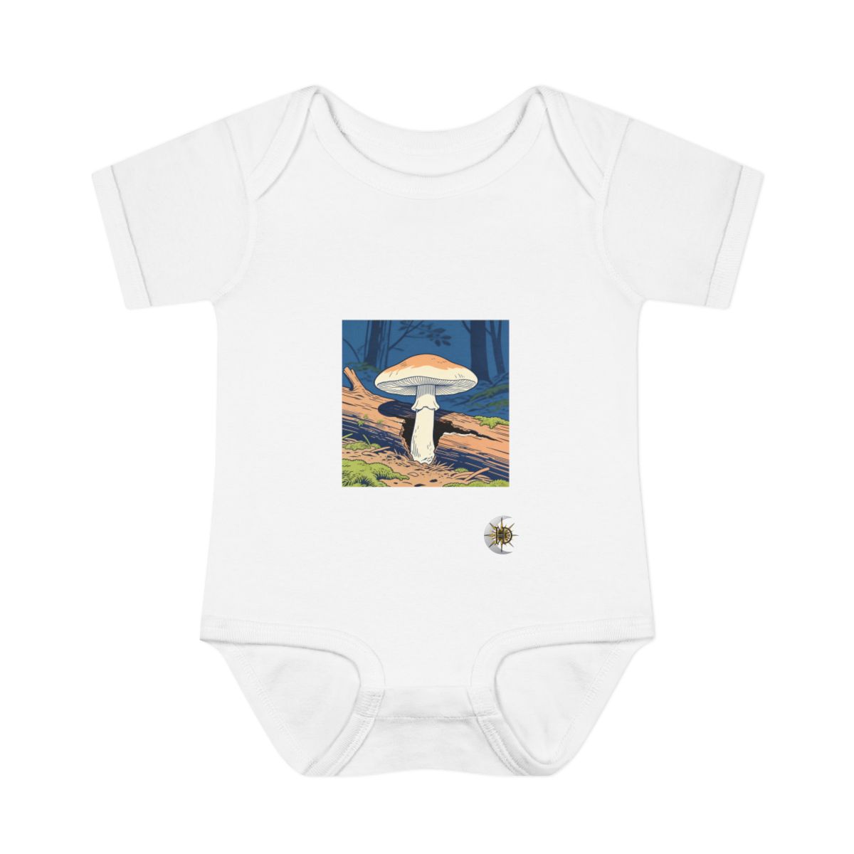 HD Parasol mushroom growing through a split fallen branch Infant Baby Rib Bodysuit