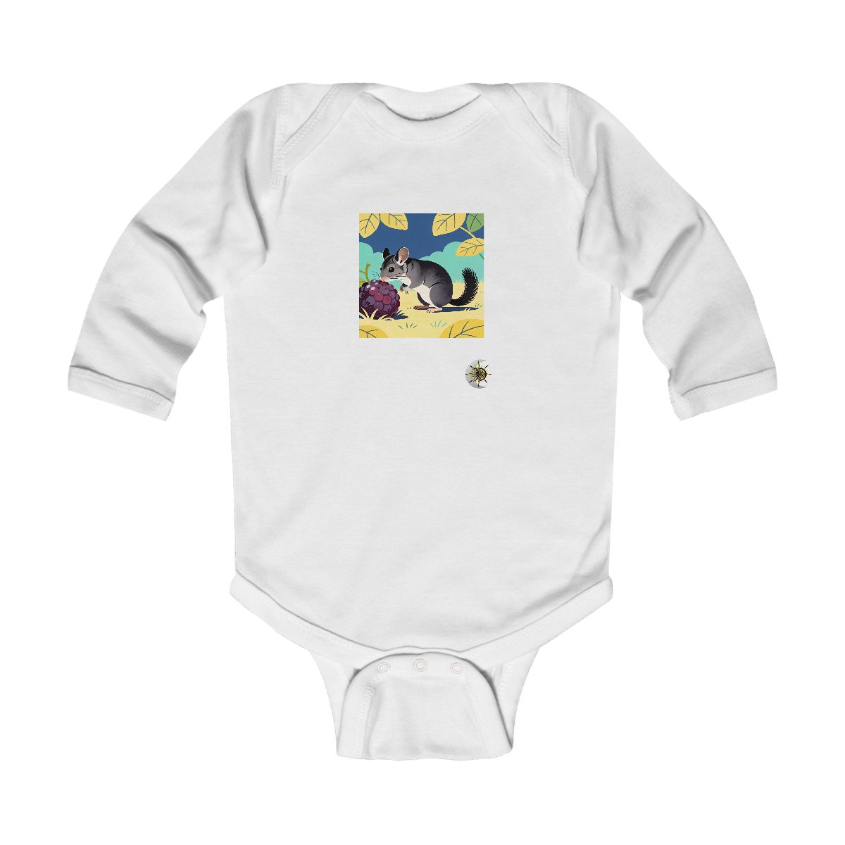 HD Chinchilla investigating an oversized berry Infant Long Sleeve Bodysuit