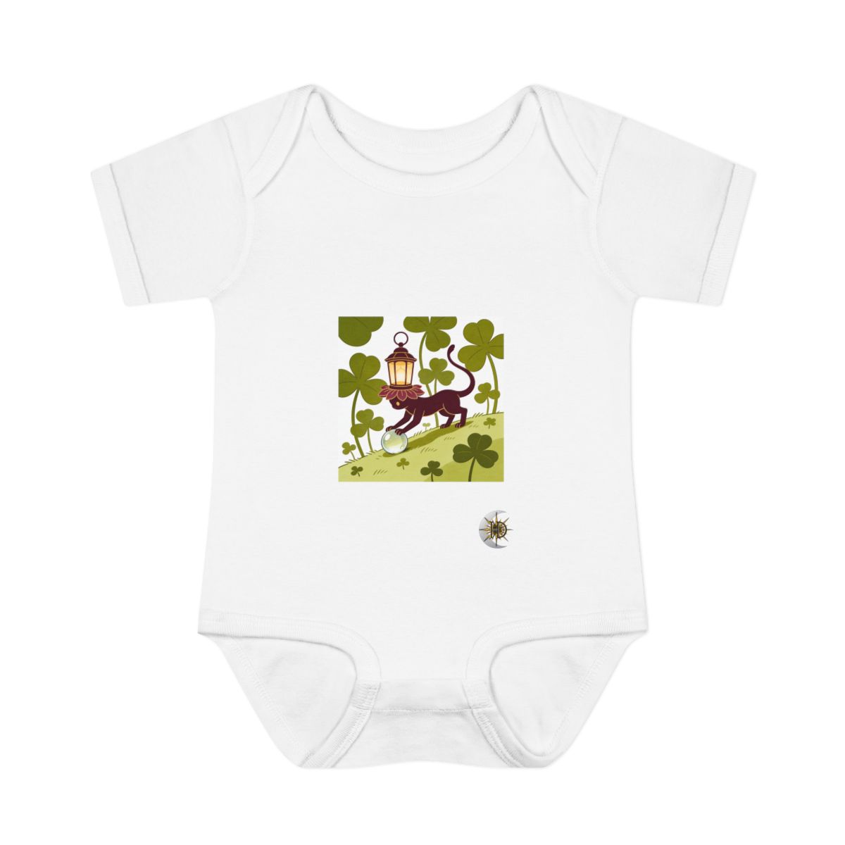HD Lantern creature with petal gills gently rolling a dew drop uphill Infant Baby Rib Bodysuit