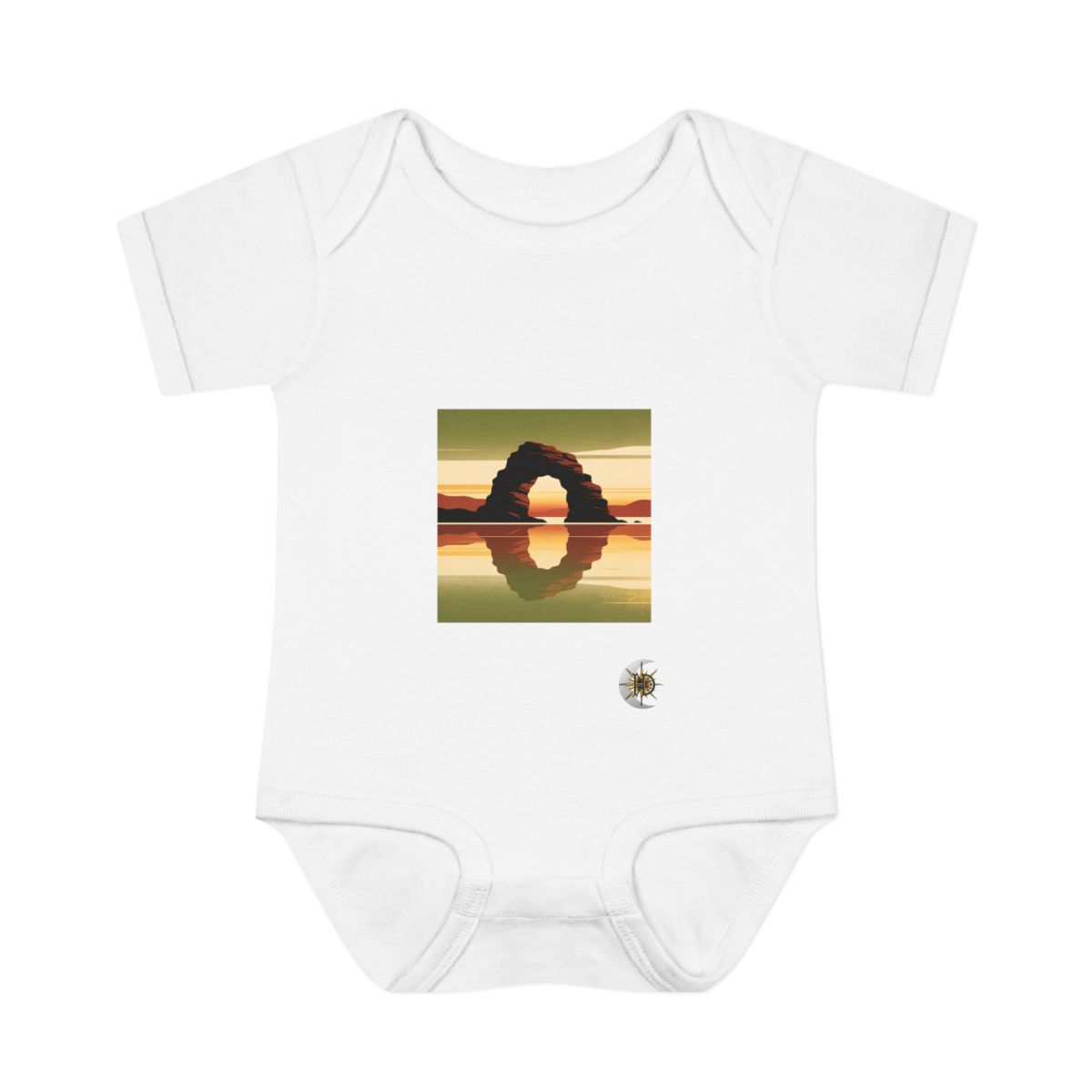 HD Small rocky arch reflected in a broad band of still water Infant Baby Rib Bodysuit