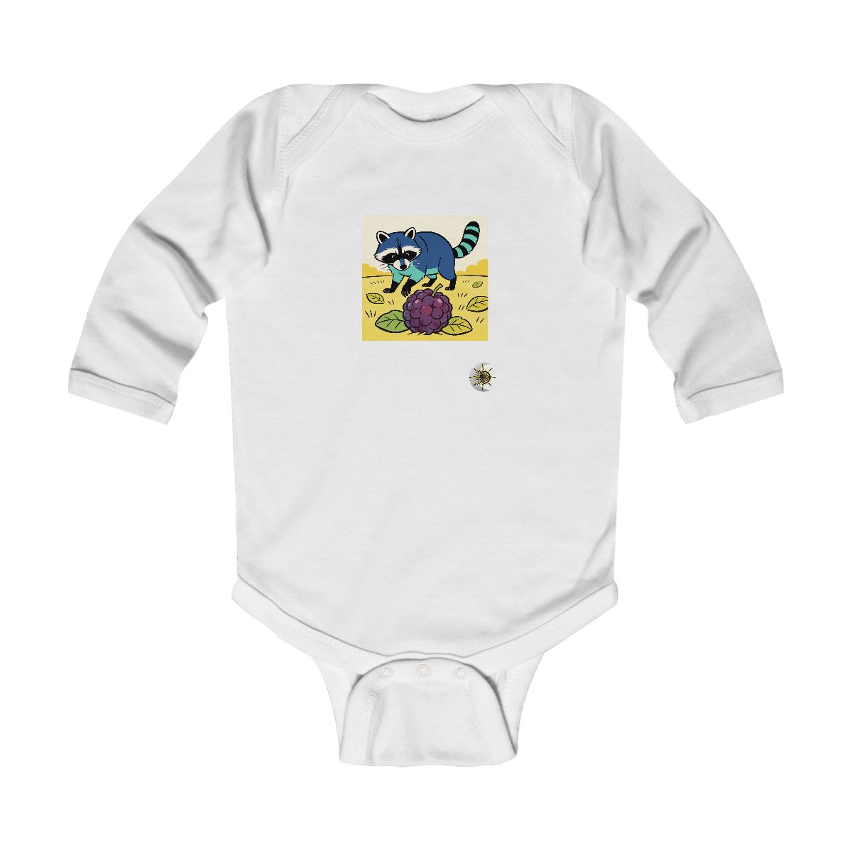 HD Raccoon investigating an oversized berry Infant Long Sleeve Bodysuit