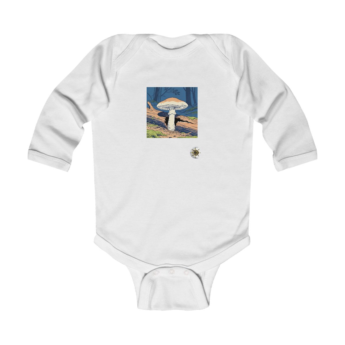HD Parasol mushroom growing through a split fallen branch Infant Long Sleeve Bodysuit