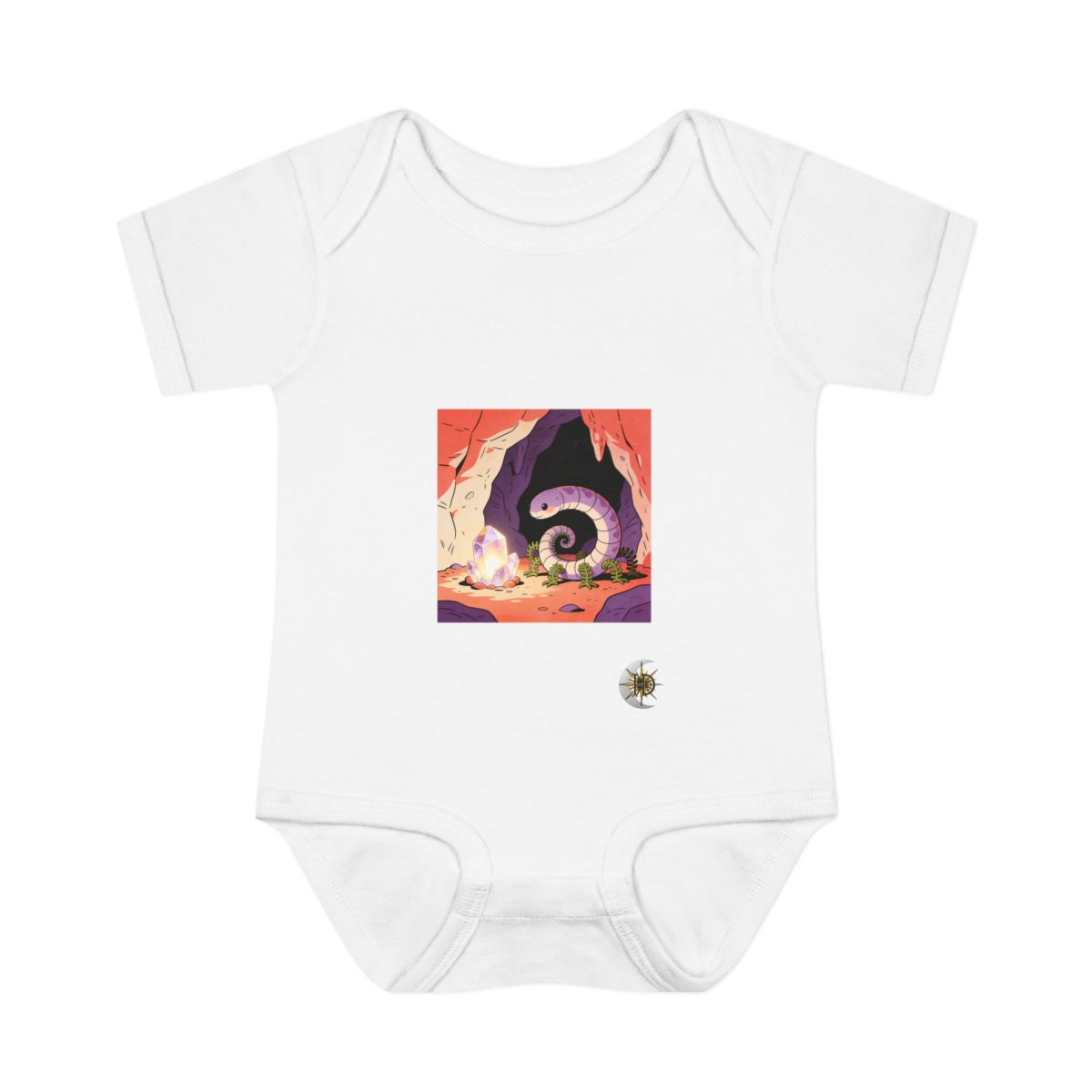 HD Ring creature with frond legs curled beside a glowing mineral Infant Baby Rib Bodysuit