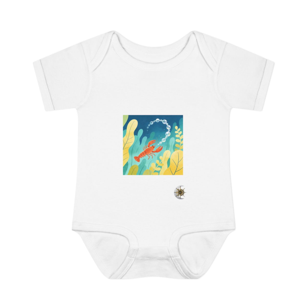 HD Small lobster chasing a looping chain of bubbles Infant Baby Rib Bodysuit