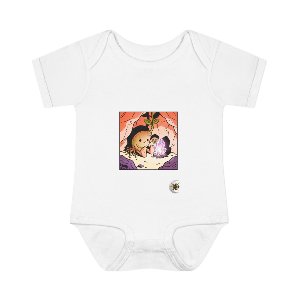 HD Seed creature with root toes curled beside a glowing mineral Infant Baby Rib Bodysuit