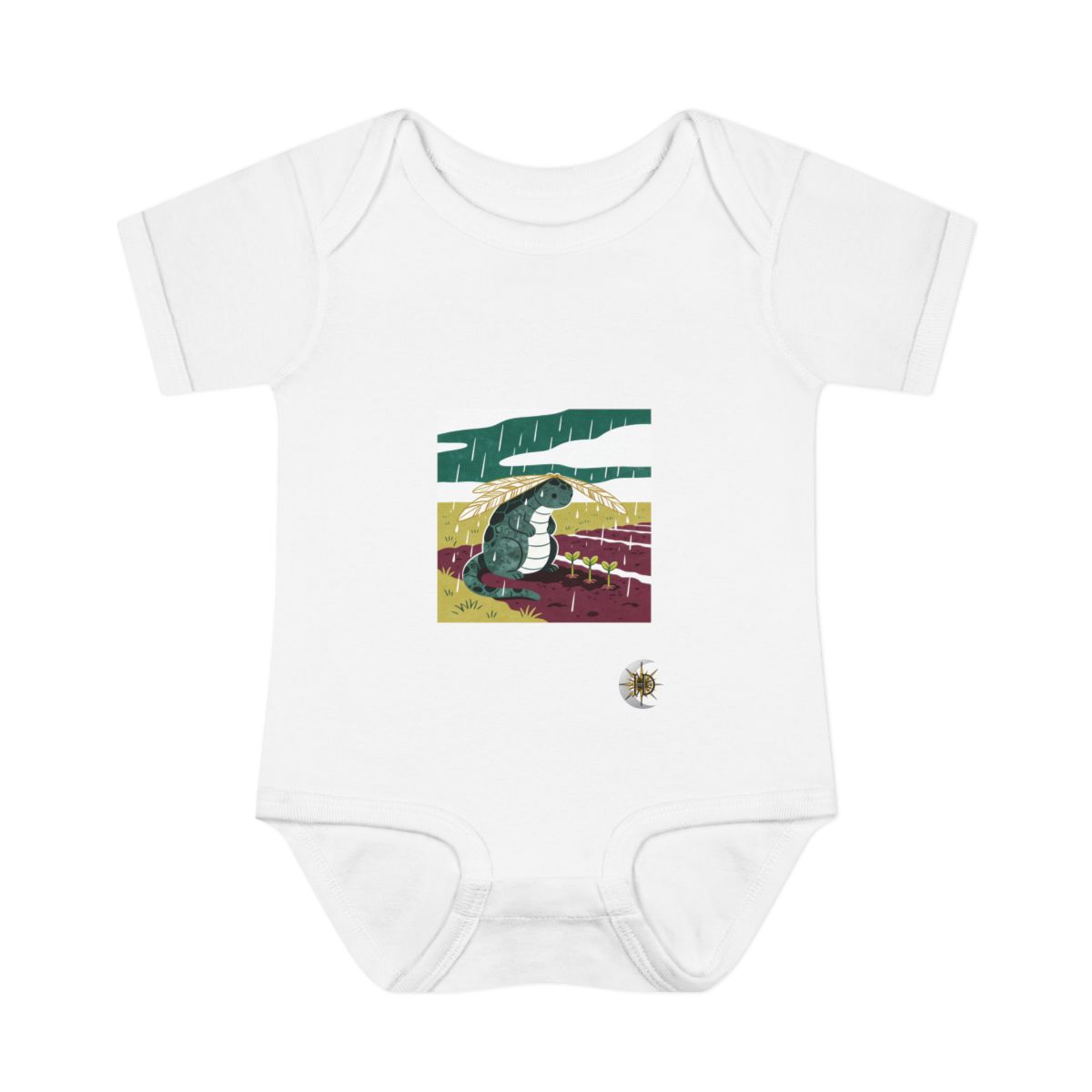 HD Stone creature with reed wings sheltering three little sprouts Infant Baby Rib Bodysuit