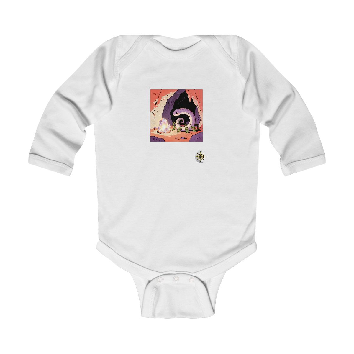 HD Ring creature with frond legs curled beside a glowing mineral Infant Long Sleeve Bodysuit