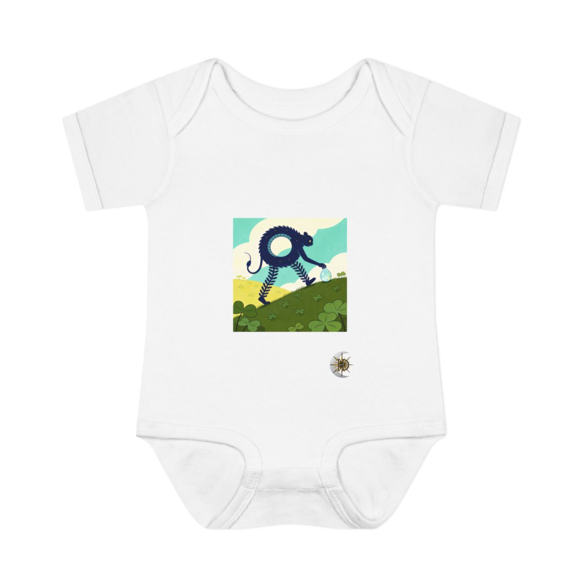 HD Ring creature with frond legs gently rolling a dew drop uphill Infant Baby Rib Bodysuit