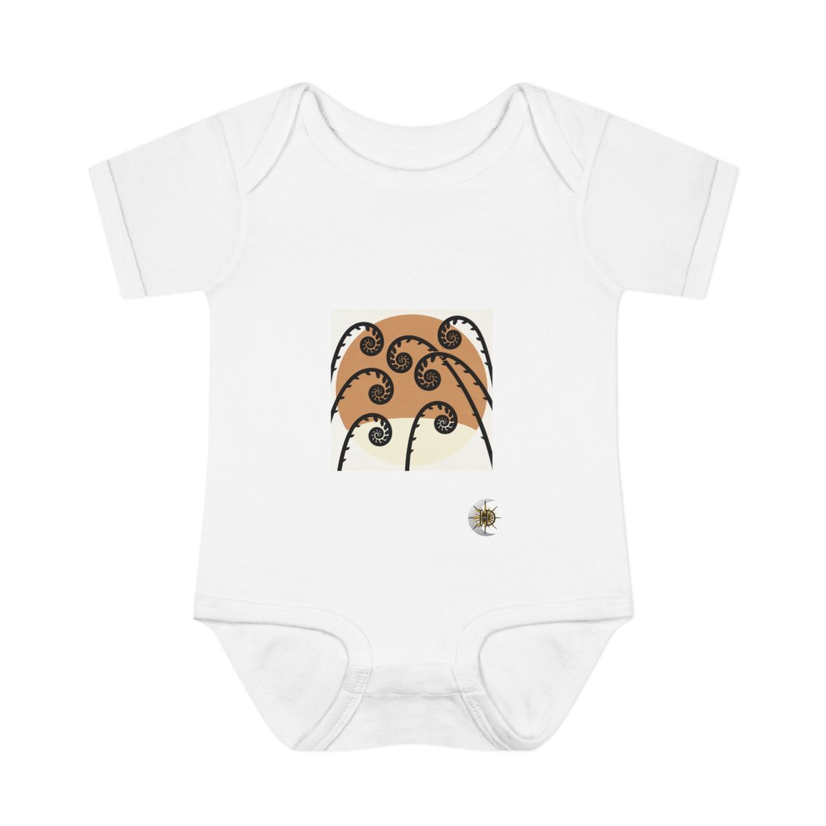 HD Fiddlehead cluster arching across a rounded pool of open space Infant Baby Rib Bodysuit