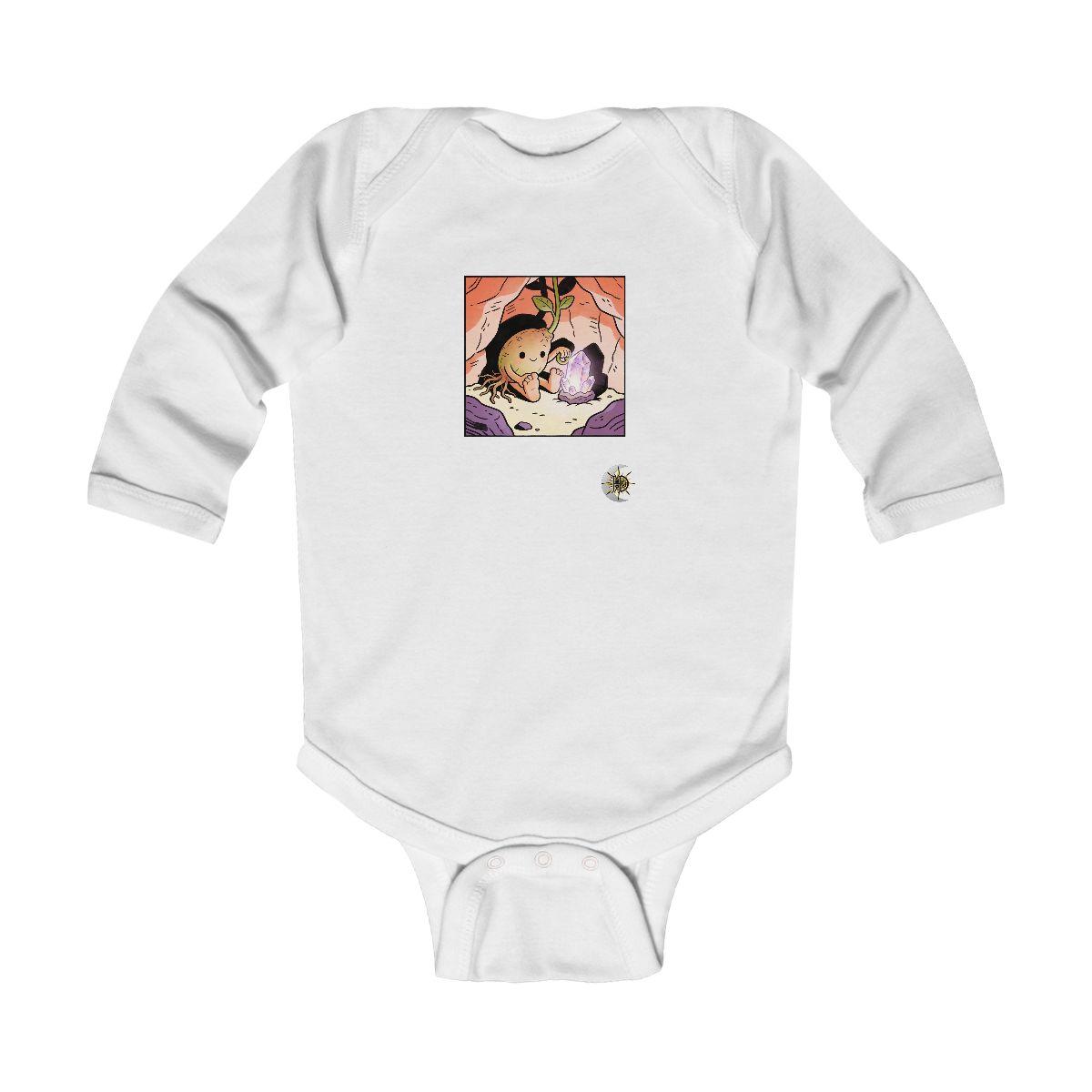 HD Seed creature with root toes curled beside a glowing mineral Infant Long Sleeve Bodysuit