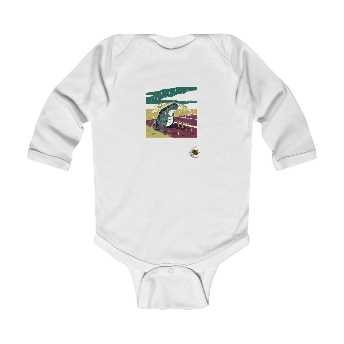 HD Stone creature with reed wings sheltering three little sprouts Infant Long Sleeve Bodysuit