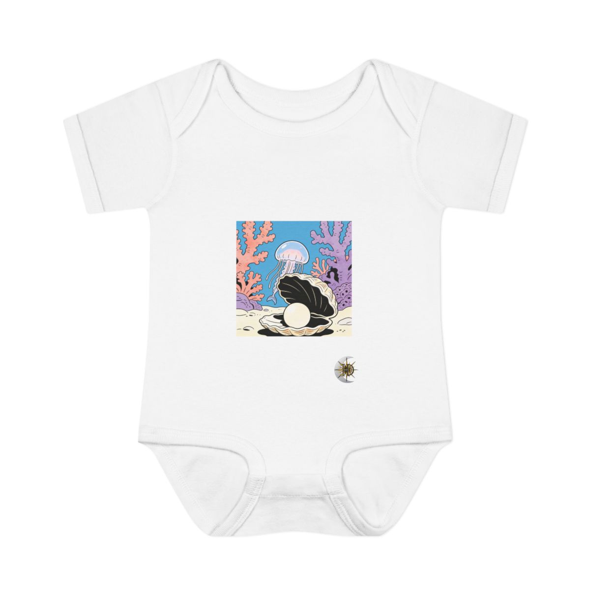 HD Moon jelly peeking from behind an oversized shell Infant Baby Rib Bodysuit