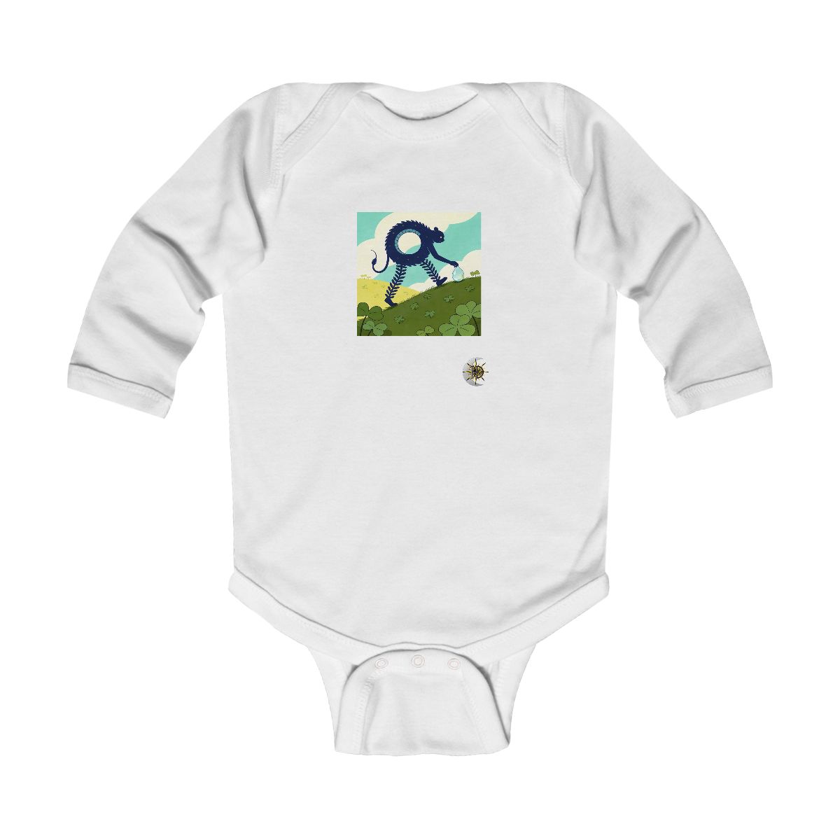HD Ring creature with frond legs gently rolling a dew drop uphill Infant Long Sleeve Bodysuit