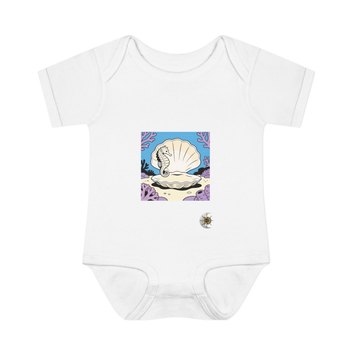 HD Seahorse peeking from behind an oversized shell Infant Baby Rib Bodysuit