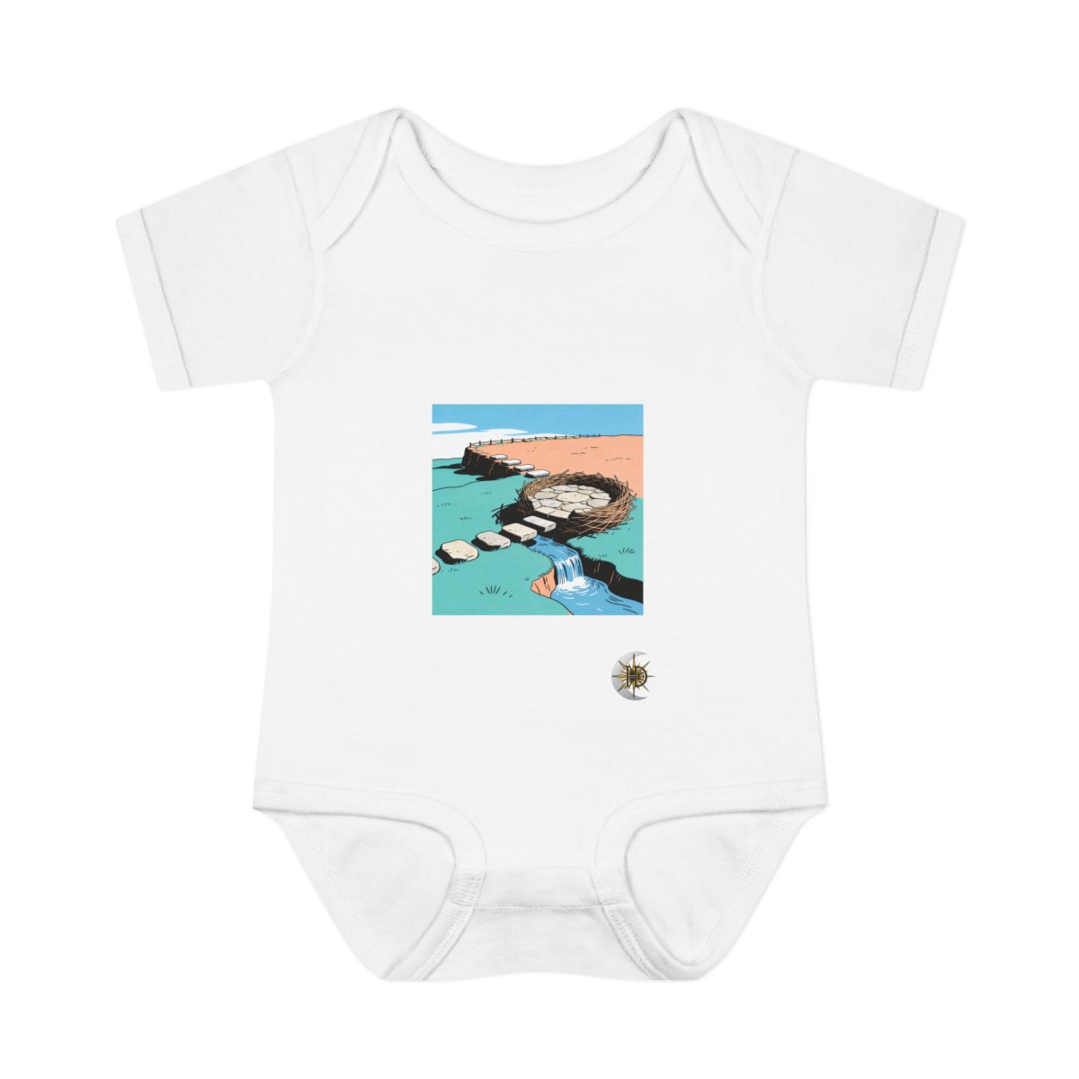 HD Nest-shaped stone terrace connected to a distant bank by stepping stones Infant Baby Rib Bodysuit