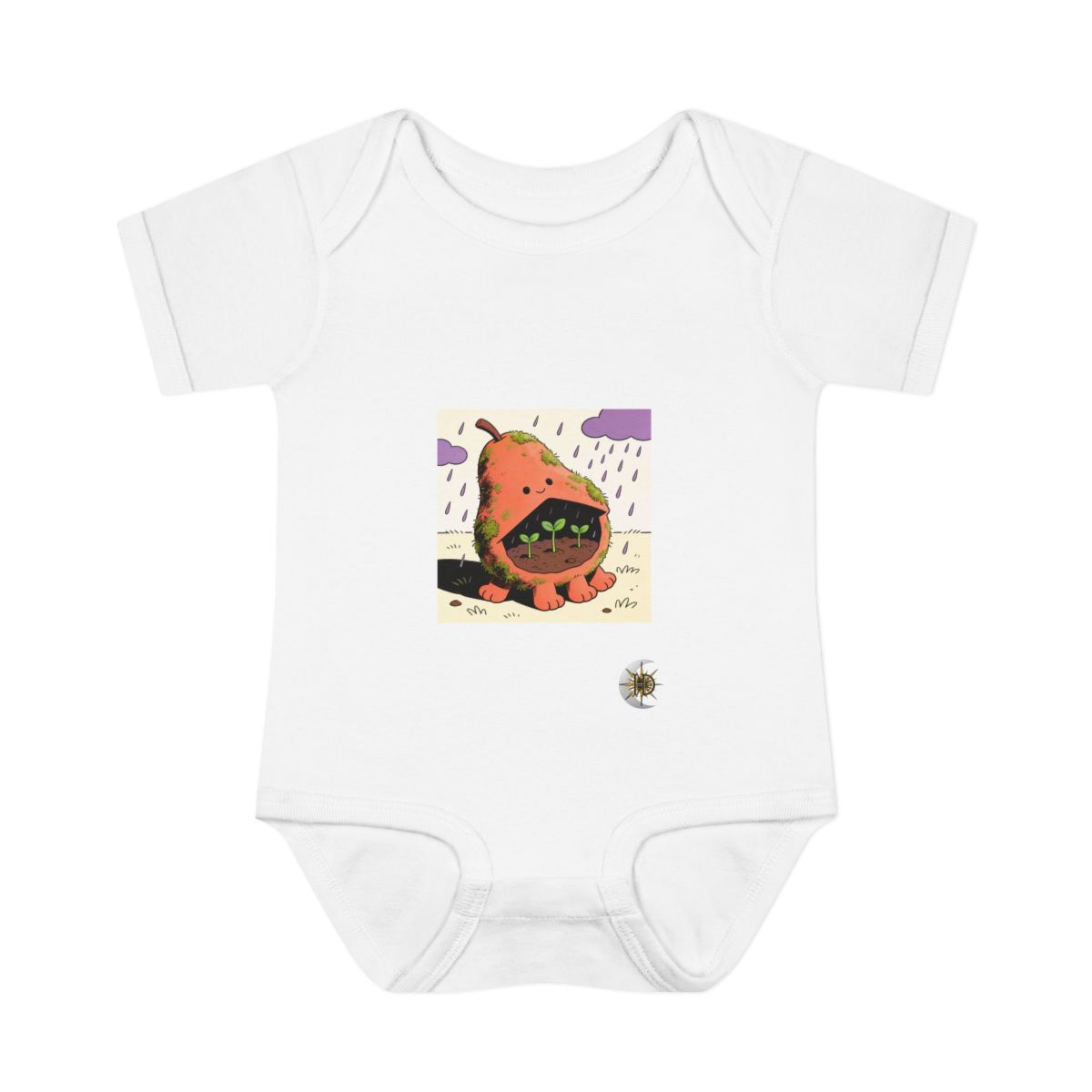 HD Pear-shaped moss creature with four stubby feet sheltering three little sprouts Infant Baby Rib Bodysuit