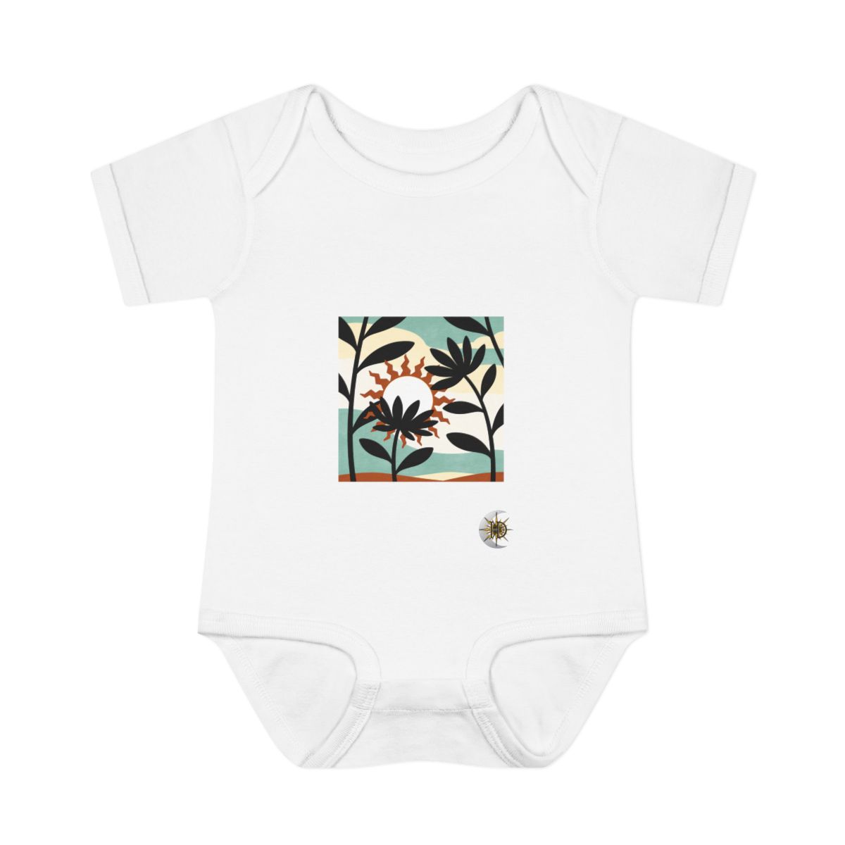 HD Sun with irregular rays interlocking with broad plant silhouettes Infant Baby Rib Bodysuit