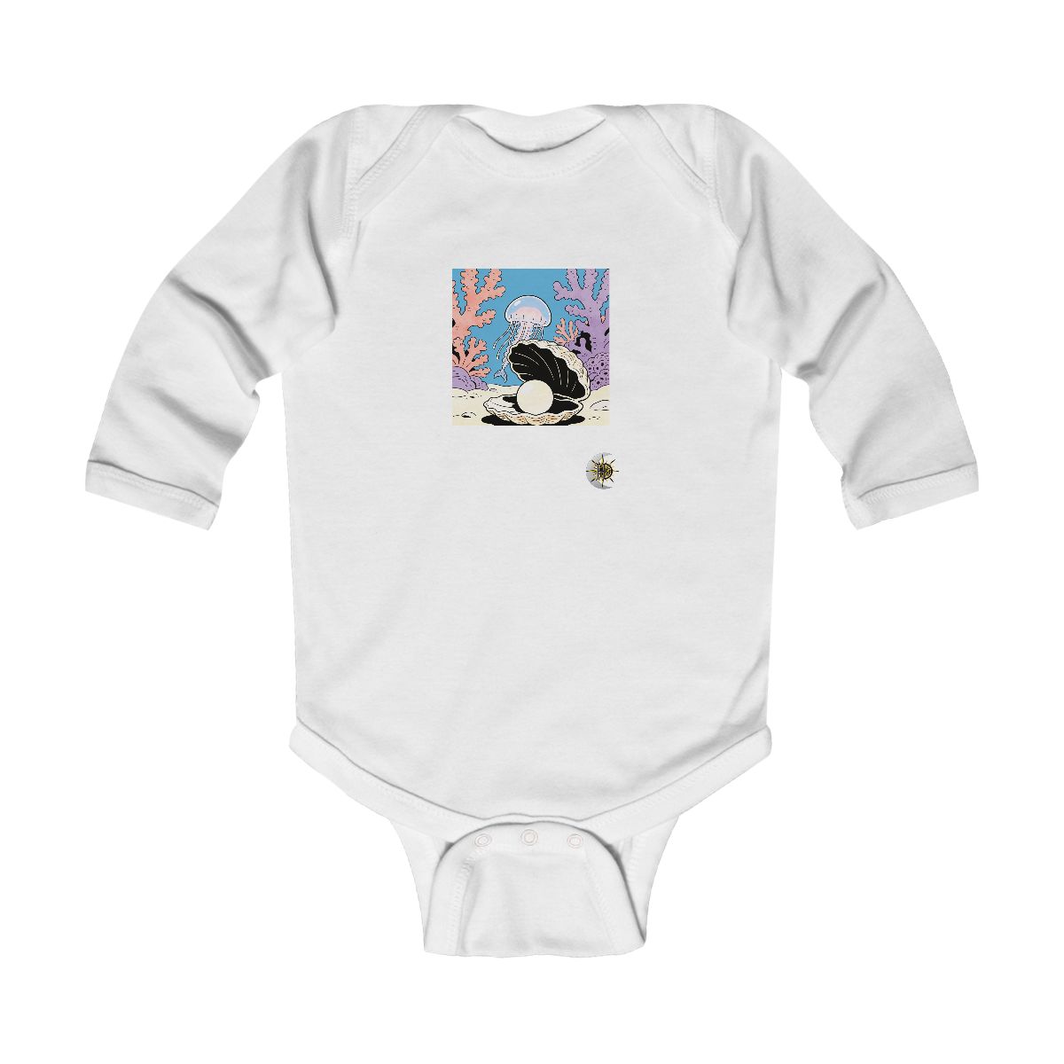 HD Moon jelly peeking from behind an oversized shell Infant Long Sleeve Bodysuit