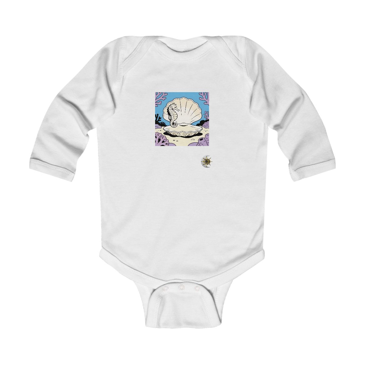 HD Seahorse peeking from behind an oversized shell Infant Long Sleeve Bodysuit