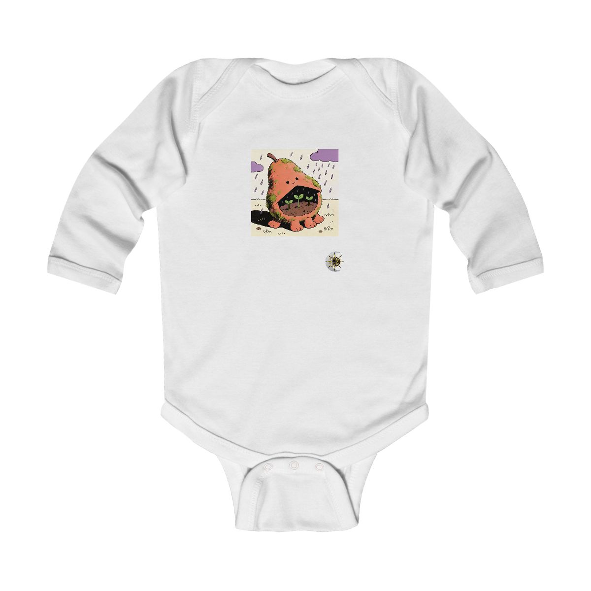 HD Pear-shaped moss creature with four stubby feet sheltering three little sprouts Infant Long Sleeve Bodysuit