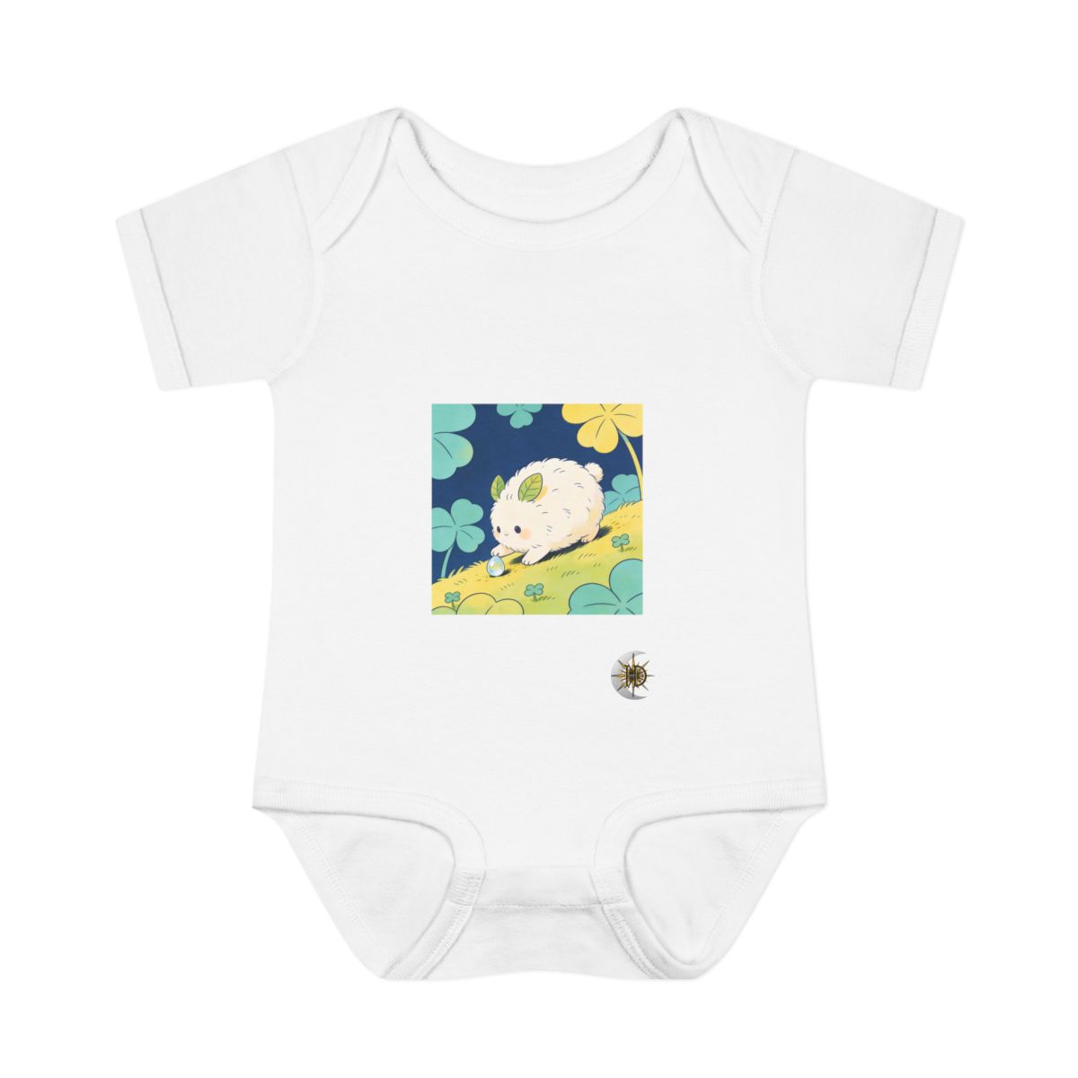 HD Puffball creature with leaf ears gently rolling a dew drop uphill Infant Baby Rib Bodysuit