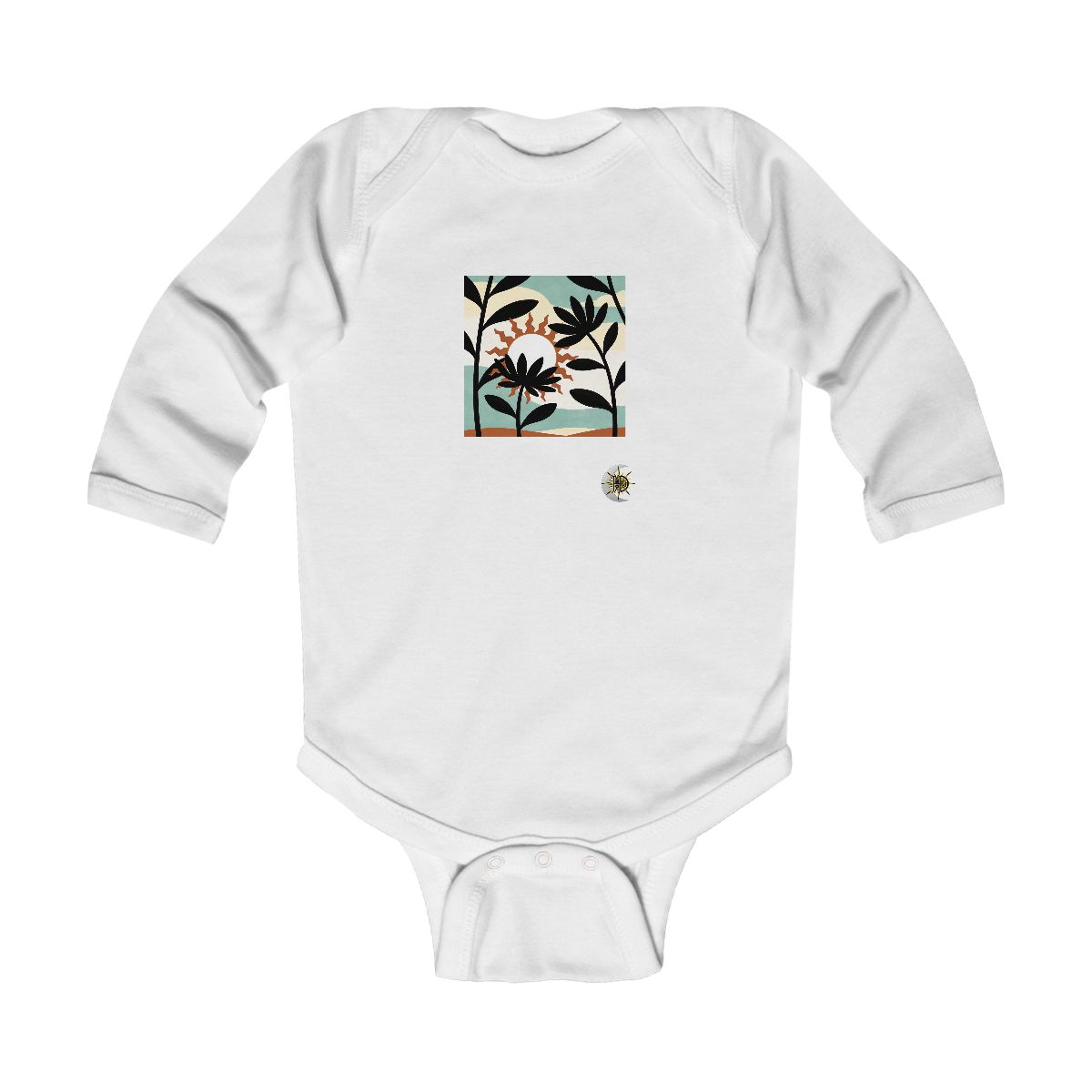 HD Sun with irregular rays interlocking with broad plant silhouettes Infant Long Sleeve Bodysuit