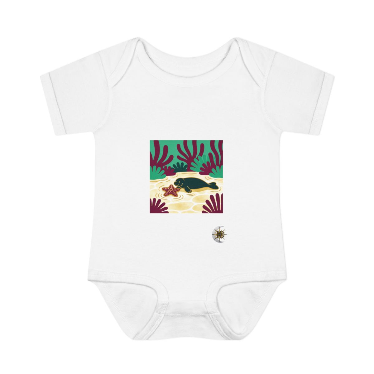 HD Manatee resting near a star-shaped sea sponge Infant Baby Rib Bodysuit