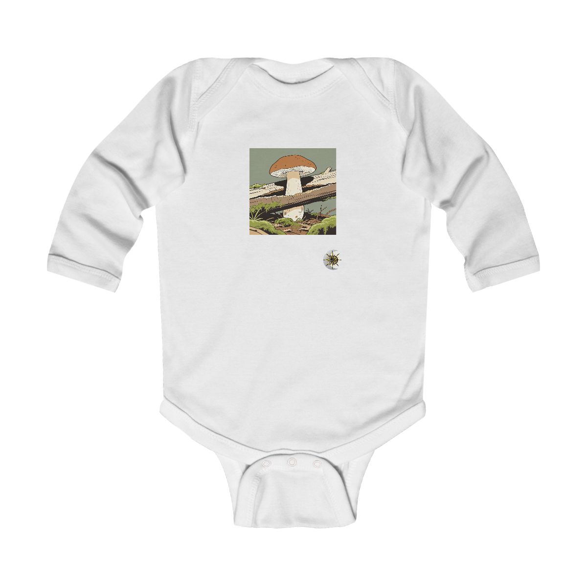 HD Woodland bolete growing through a split fallen branch Infant Long Sleeve Bodysuit
