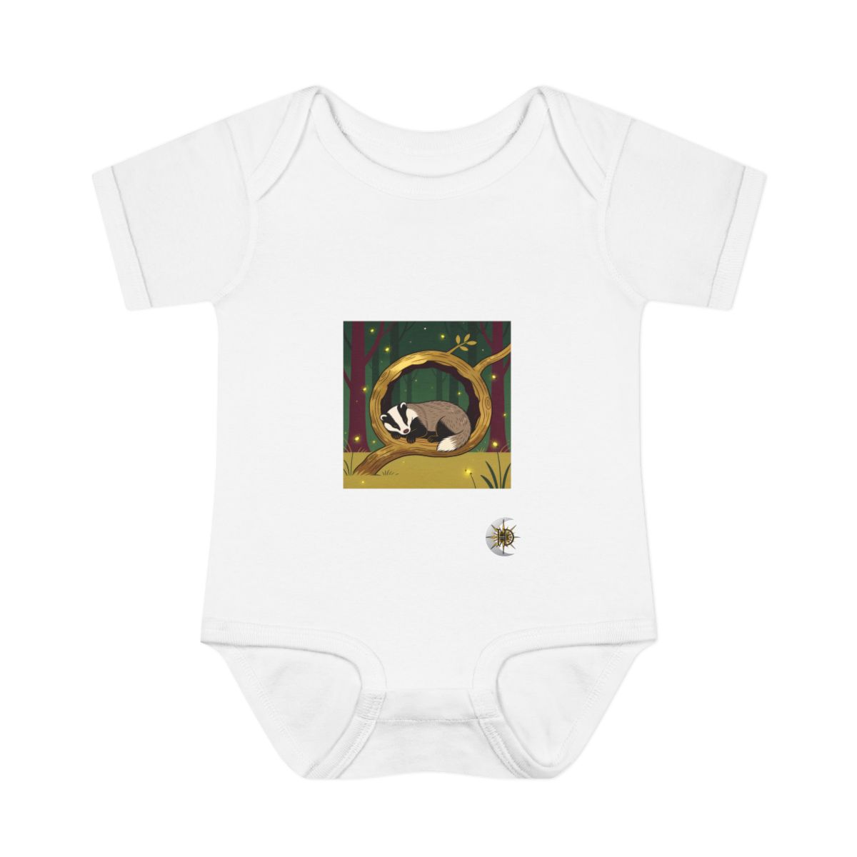 HD Badger napping inside a curved hollow branch Infant Baby Rib Bodysuit