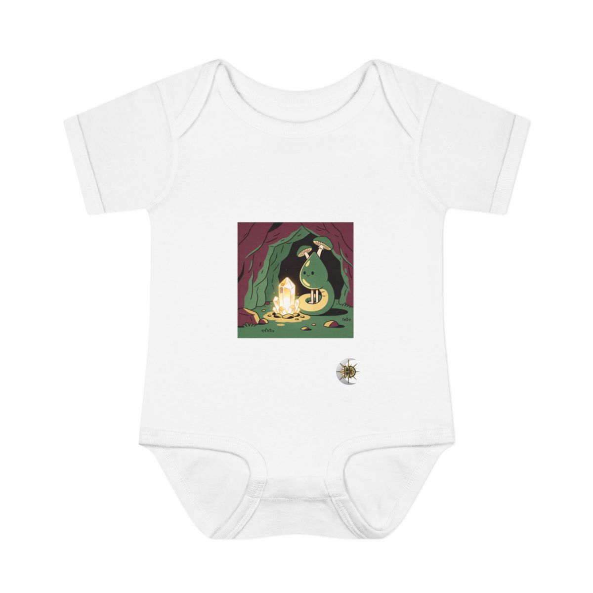 HD Droplet creature with mushroom legs curled beside a glowing mineral Infant Baby Rib Bodysuit