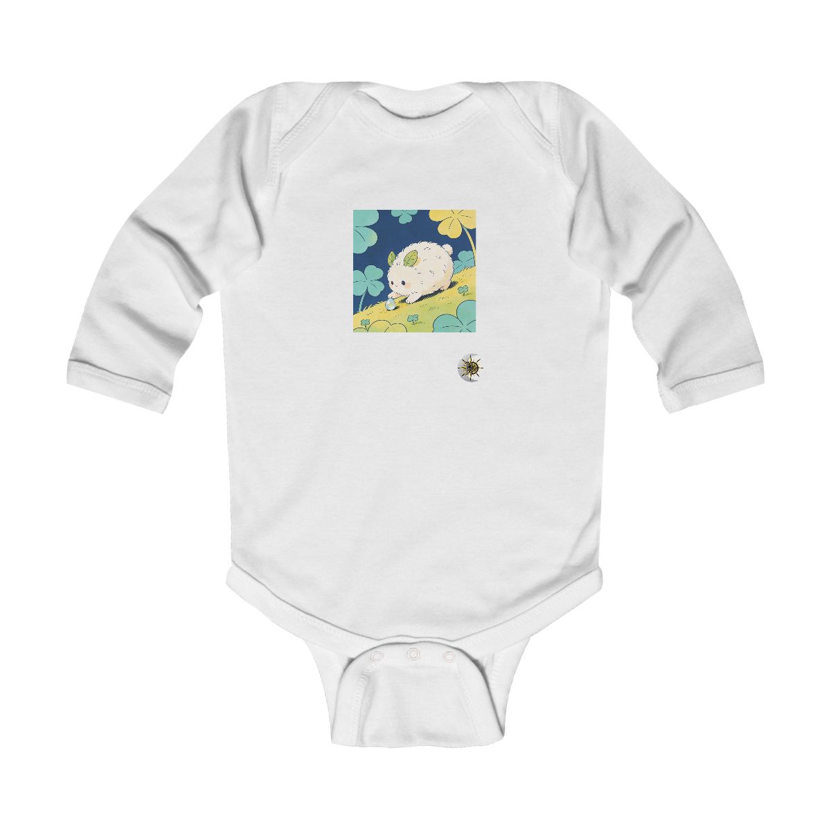 HD Puffball creature with leaf ears gently rolling a dew drop uphill Infant Long Sleeve Bodysuit