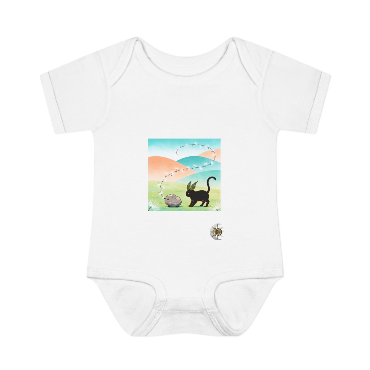 HD Pebble creature with fern ears following a looping trail of seed fluff Infant Baby Rib Bodysuit