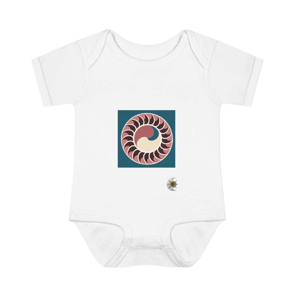 HD Shell-section spirals opening outward from an off-center quiet region Infant Baby Rib Bodysuit